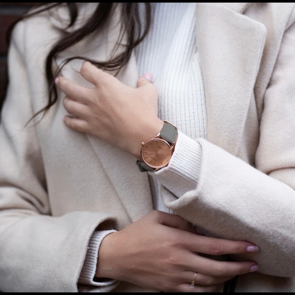 New Monroe rose gold watch with gray leather band